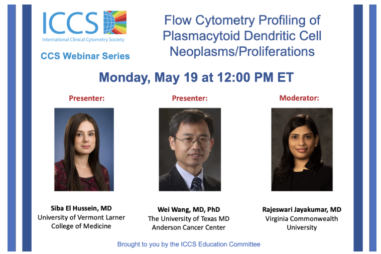 Siba El Hussein, MD (@sibaelhussein) on Twitter photo Excited to be delivering a joint session with Dr. Wei Wang <a href="/ICCS_Education/">ICCS_Education</a> about flow cytometry profiling of plasmacytoid dendritic cell neoplasms/ proliferations, on Monday May 19th at noon ET!
Link to register➡️ shorturl.at/E5Zh5
#Hemepath #MPNsm #Leusm #MDSsm #BPDCNsm Excited to be delivering a joint session with Dr. Wei Wang <a href="/ICCS_Education/">ICCS_Education</a> about flow cytometry profiling of plasmacytoid dendritic cell neoplasms/ proliferations, on Monday May 19th at noon ET!
Link to register➡️ shorturl.at/E5Zh5
#Hemepath #MPNsm #Leusm #MDSsm #BPDCNsm