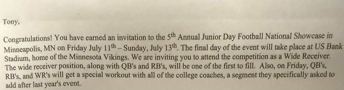 Tony Geiwitz (@geiwitztony) on Twitter photo Thank You Jared Williams for the Junior Day National Showcase invitation <a href="/usbankstadium/">U.S. Bank Stadium</a> Thank You Jared Williams for the Junior Day National Showcase invitation <a href="/usbankstadium/">U.S. Bank Stadium</a>
