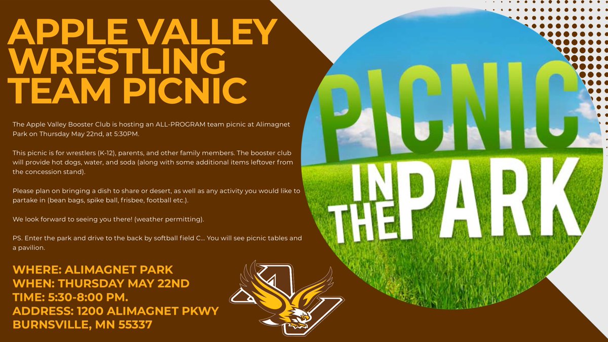 Apple Valley Wrestlers &amp; Families… Please join us on Thursday May 22nd to celebrate the end of the school year and another successful season of Apple Valley Wrestling! 🦅🧺