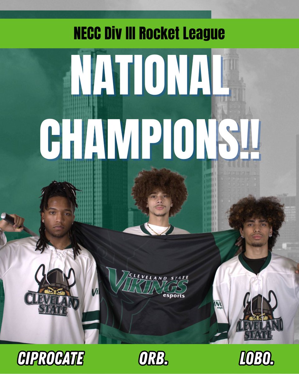 CSUVikes_GG's tweet image. CHAMPIONS!!! 🏆 CSU Rocket League takes the NECC Division III National Title in dominant fashion! From preseason grind, to an undefeated regular season, to a dominant run in the grand finals, this squad made history. Cleveland. State. Esports.
#GoVikes #NECCChamps #TheLand ⚽️🏎️