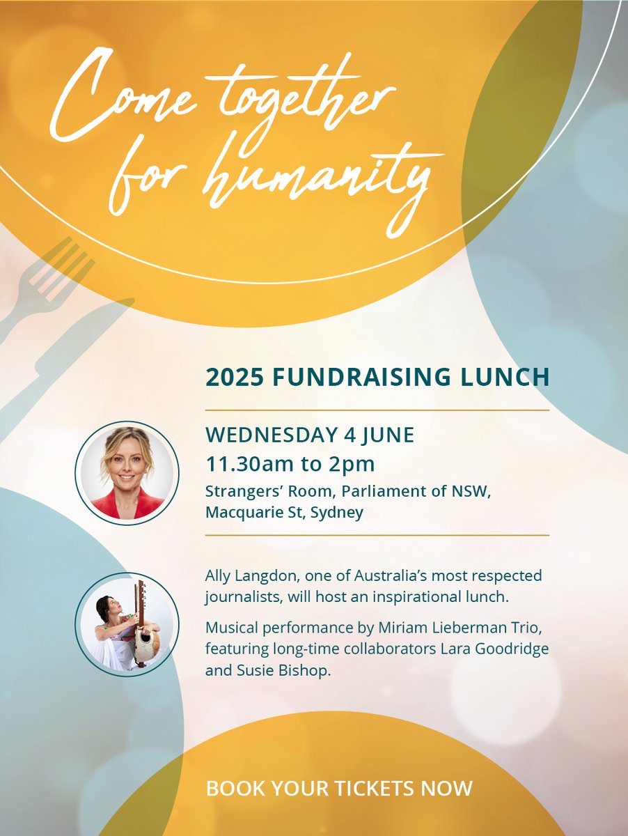 Together4Humanity (@tfhfoundation) on Twitter photo Places are limited so book your tix now for our Fundraising lunch Wed 4 June in Sydney. Hosted by
<a href="/AllisonLangdon/">Allison Langdon</a> hear stories of hope from students & teachers who have participated in our programs + a musical performance from Miriam Liberman Trio. 🔗events.humanitix.com/come-together-… Places are limited so book your tix now for our Fundraising lunch Wed 4 June in Sydney. Hosted by
<a href="/AllisonLangdon/">Allison Langdon</a> hear stories of hope from students & teachers who have participated in our programs + a musical performance from Miriam Liberman Trio. 🔗events.humanitix.com/come-together-…