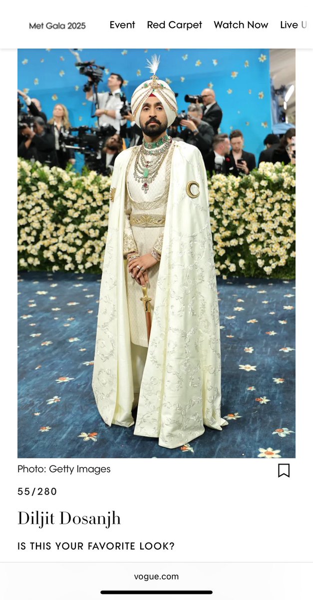 Mekh vangu mucch. ✔️
Sirh baba di bless. ✔️
Puri taur tapa yes. ✔️
Chitta kurta dress. ✔️

Representation! 
Nailed it <a href="/diljitdosanjh/">DILJIT DOSANJH</a>! 
#MetGala2025 

And yes <a href="/voguemagazine/">Vogue Magazine</a>, it is my favourite look!