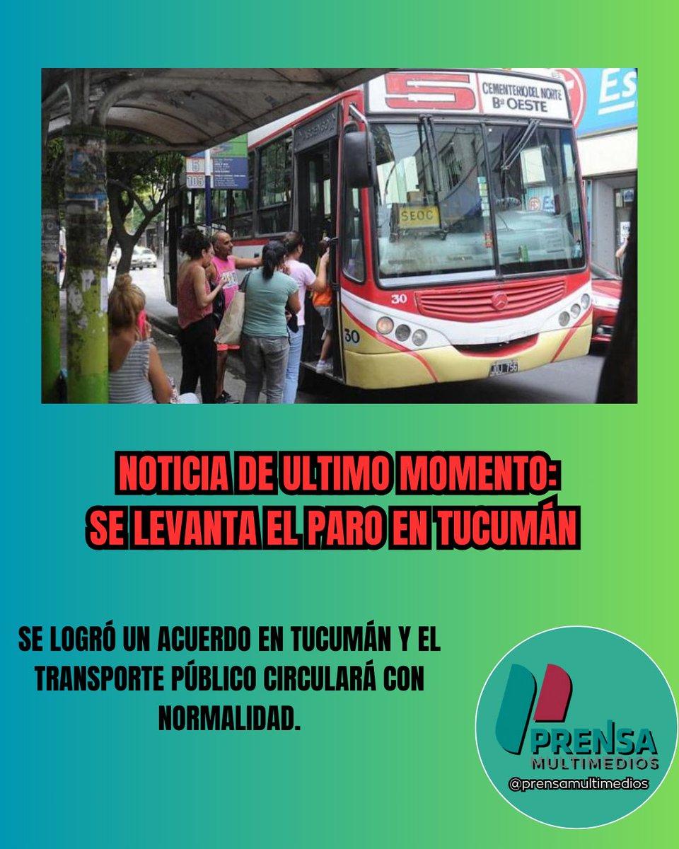 ⚠️𝐔́𝐋𝐓𝐈𝐌𝐎 𝐌𝐎𝐌𝐄𝐍𝐓𝐎:
𝐒𝐄 𝐋𝐄𝐕𝐀𝐍𝐓𝐀 𝐄𝐋 𝐏𝐀𝐑𝐎.

Se logró un acuerdo en Tucumán y el transporte público circulará con normalidad.

#paronacional #transportepublico #colectivos #Tucumán #uta