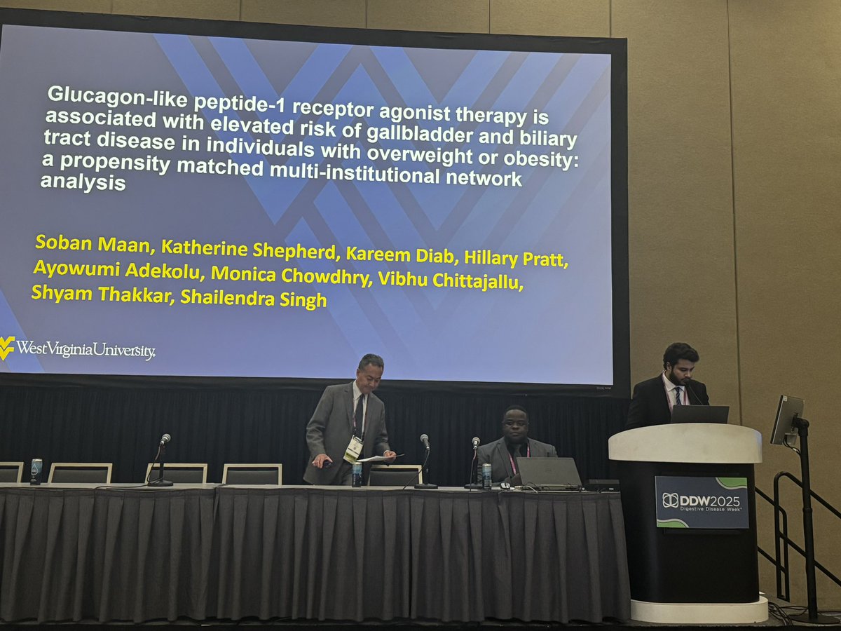 Shailendra Singh (@shailsingh) on Twitter photo Our research fellow Dr Soban Mann
presenting our study on GLP-1 and gall bladder and biliary tract disease <a href="/DDWMeeting/">Digestive Disease Week</a> <a href="/AGA_Gastro/">Gastroenterology</a> <a href="/ASGEendoscopy/">ASGE GI Endoscopy</a> <a href="/wvudeptofmed/">WVU Department of Medicine</a> <a href="/WVUMedicine/">WVU Medicine</a> <a href="/WVUMedSchool/">WVU School of Medicine</a> <a href="/VibhuC_MD/">Vibhu Chittajallu, MD, ABOM-D</a> <a href="/AyoAdekolu/">Ayowumi Adekolu, MD</a> <a href="/ShyamTMD/">Shyam Thakkar, MD</a> Our research fellow Dr Soban Mann
presenting our study on GLP-1 and gall bladder and biliary tract disease <a href="/DDWMeeting/">Digestive Disease Week</a> <a href="/AGA_Gastro/">Gastroenterology</a> <a href="/ASGEendoscopy/">ASGE GI Endoscopy</a> <a href="/wvudeptofmed/">WVU Department of Medicine</a> <a href="/WVUMedicine/">WVU Medicine</a> <a href="/WVUMedSchool/">WVU School of Medicine</a> <a href="/VibhuC_MD/">Vibhu Chittajallu, MD, ABOM-D</a> <a href="/AyoAdekolu/">Ayowumi Adekolu, MD</a> <a href="/ShyamTMD/">Shyam Thakkar, MD</a>