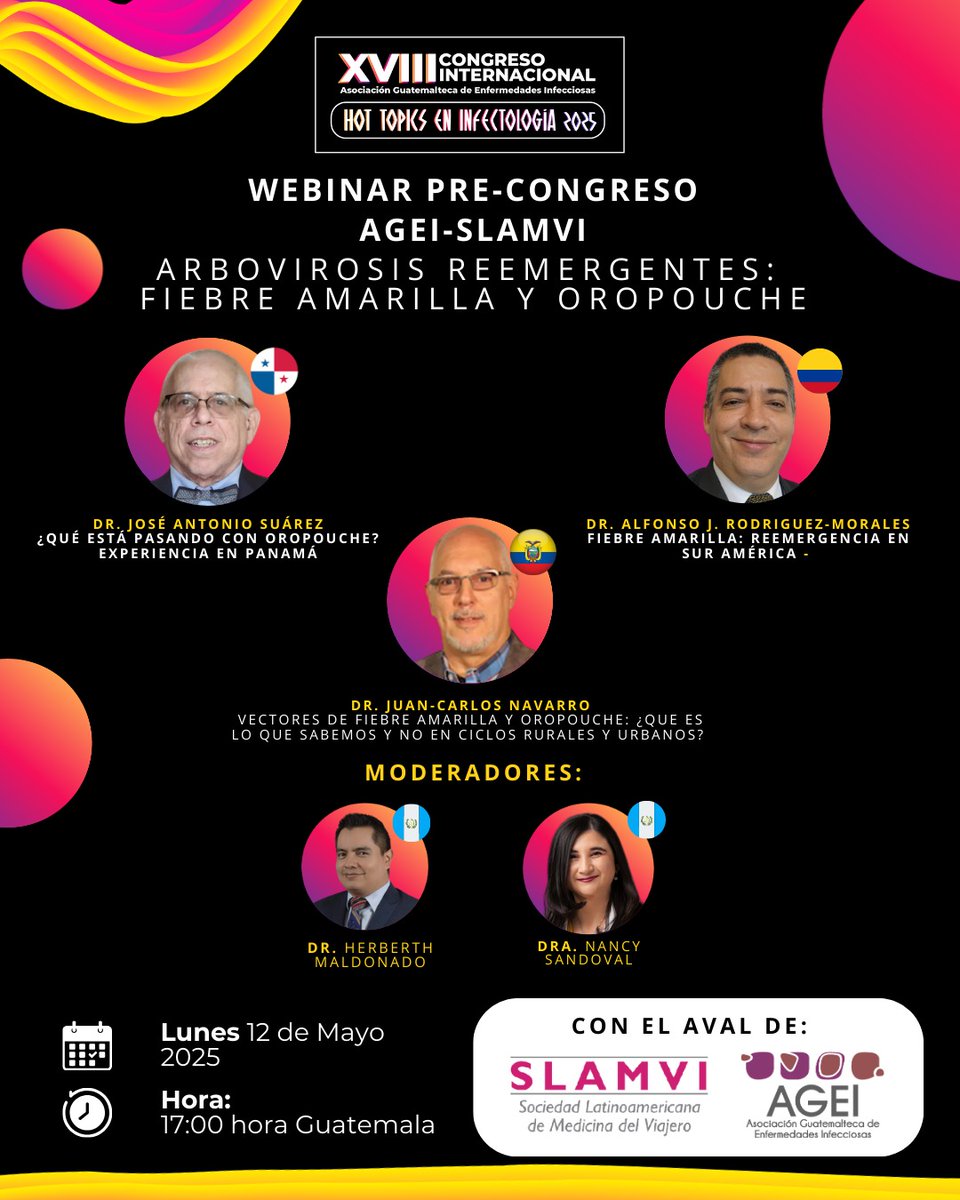 Dr Alfonso J Rodriguez-Morales MD MSc DTM&H HonDSc (@drajrodriguezm) on Twitter photo Lunes 12 Mayo, 18:00 Colombia, Panamá, Ecuador, Perú. Estaremos hablando de Fiebre Amarilla y Oropouche, Epidemiología, Clínica, Diagnóstico, Vacunas, Vectores y más. Webinar Precongreso <a href="/_AGEI/">AGEI</a> - <a href="/SLAMVI/">SLAMVI</a> <a href="/aleimc_/">ALEIMC</a> <a href="/acinnacional/">ACINNACIONAL</a> <a href="/infectotropico/">José Antonio Suárez</a> <a href="/17juanca/">Juan-Carlos Navarro</a> <a href="/NancyVir/">Nancy Virginia</a> <a href="/hmaldonado_gt/">Herberth Maldonado</a> Lunes 12 Mayo, 18:00 Colombia, Panamá, Ecuador, Perú. Estaremos hablando de Fiebre Amarilla y Oropouche, Epidemiología, Clínica, Diagnóstico, Vacunas, Vectores y más. Webinar Precongreso <a href="/_AGEI/">AGEI</a> - <a href="/SLAMVI/">SLAMVI</a> <a href="/aleimc_/">ALEIMC</a> <a href="/acinnacional/">ACINNACIONAL</a> <a href="/infectotropico/">José Antonio Suárez</a> <a href="/17juanca/">Juan-Carlos Navarro</a> <a href="/NancyVir/">Nancy Virginia</a> <a href="/hmaldonado_gt/">Herberth Maldonado</a>