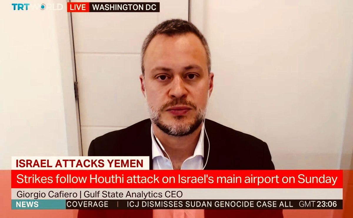 GulfStateAnalyt's tweet image. Today our CEO @GiorgioCafiero appeared on @trtworld to share some thoughts on the latest developments in #Houthi-#Israel hostilities.