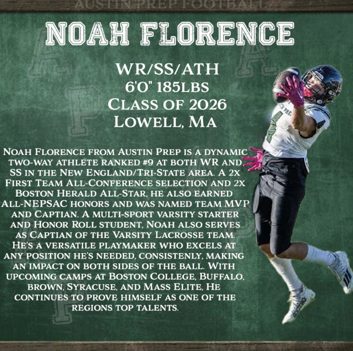 AustinPrepFootball (@austinprep_fb) on Twitter photo Spring Spotlight🔦
<a href="/NoahFlorence88/">Noah Florence</a>
WR/SS/ATH
Class of 2026
6'0" 185lbs
hudl.com/video/3/180626… Spring Spotlight🔦
<a href="/NoahFlorence88/">Noah Florence</a>
WR/SS/ATH
Class of 2026
6'0" 185lbs
hudl.com/video/3/180626…