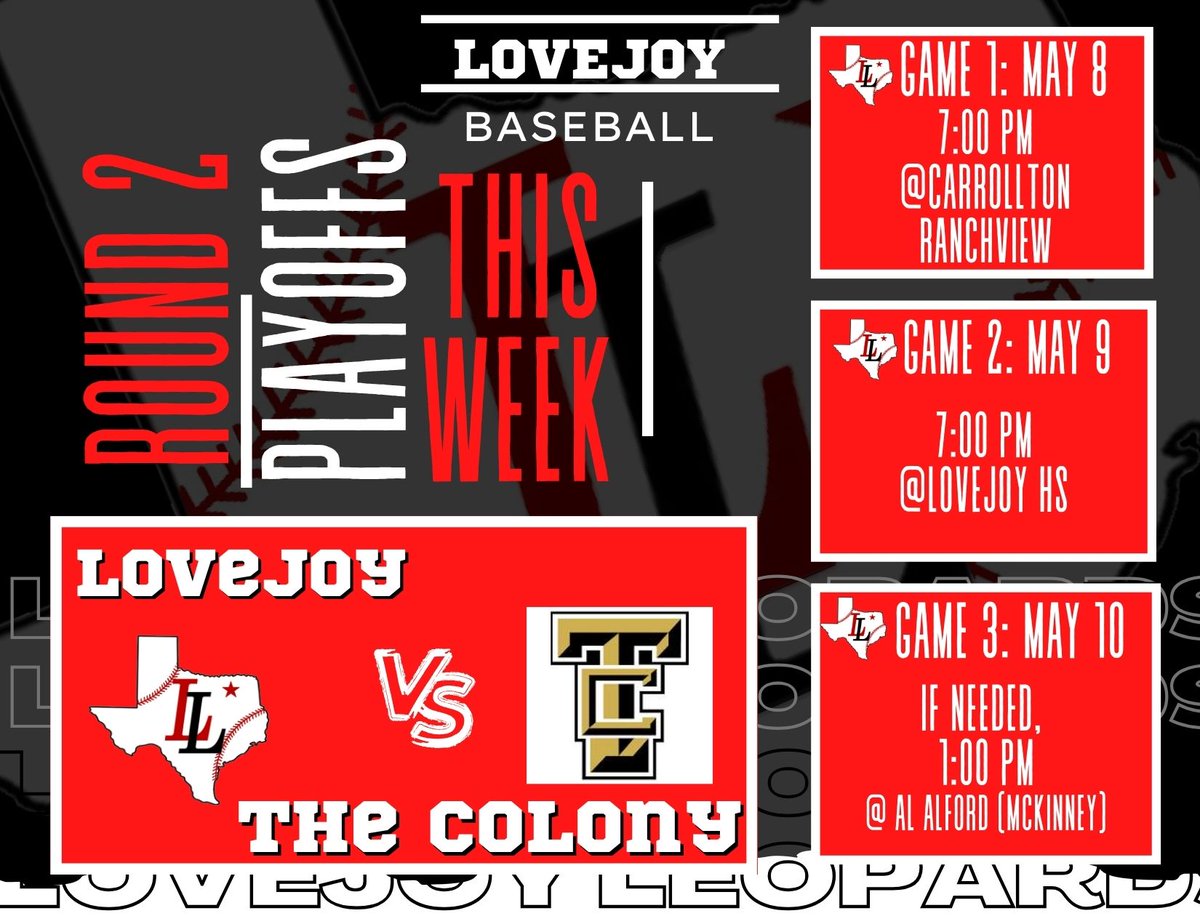 LLDiamondClub's tweet photo. โพ๏ธ ROUND 2 HERE WE COME!โพ๏ธ Your Leopards are heading into Round 2 against The Colony this coming week! See the schedule below...hit the road๐with us on Thursday, and show up at Home๐ on Friday! #LeopardBaseball #Playoffs #RoundTwo https://t.co/QpXKPSL09H