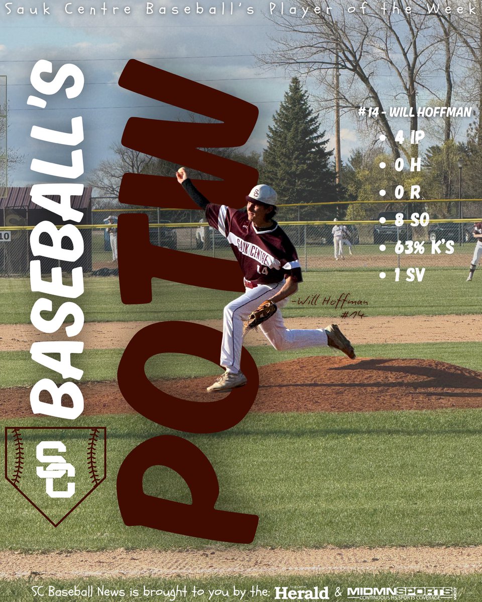 SaukCentreBSBL's tweet image. Your Week 4 SC Baseball Player of the Week: Will Hoffman

Hoffman was able to provide 4 shutout no hit innings last Friday along with also throwing for 8 strikeouts with 63% of his pitches being strikes! Hoffman’s performance was able to earn him a save!

Congrats Hoff!

#onesc