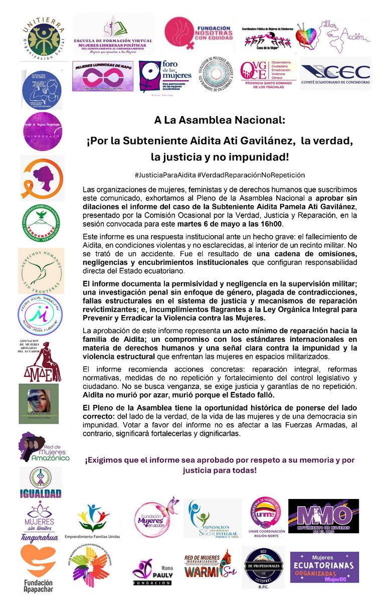 📌 PRONUNCIAMIENTO 

Las organizaciones de mujeres del Ecuador nos pronunciamos con firmeza: el Estado falló. Exigimos que la <a href="/AsambleaEcuador/">Asamblea Nacional</a> apruebe el informe por verdad, justicia y reparación. ¡Aidita no murió por azar! ✊🏽⚖️ #JusticiaParaAidita #NoMásImpunidad
