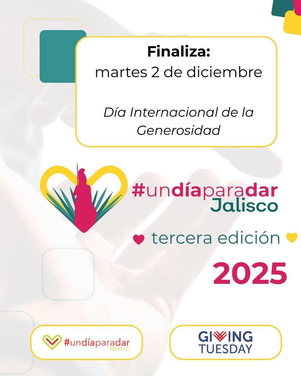 Convocatoria 2025

Registra tu activación de generosidad y voluntariado 

undiaparadar.org/convocatoria-u…

Porque #GivingTuesday es #undiaparadar 🇲🇽

<a href="/GivingTuesday/">GivingTuesday</a> 
<a href="/GivingTueLAC/">GivingTuesday LAC Hub</a> 
<a href="/UnDiaParaDar/">#UnDíaParaDar</a> 
<a href="/UnDiaParaDarMX/">#UnDíaParaDar México</a> 

 #UnDíaParaDarJalisco