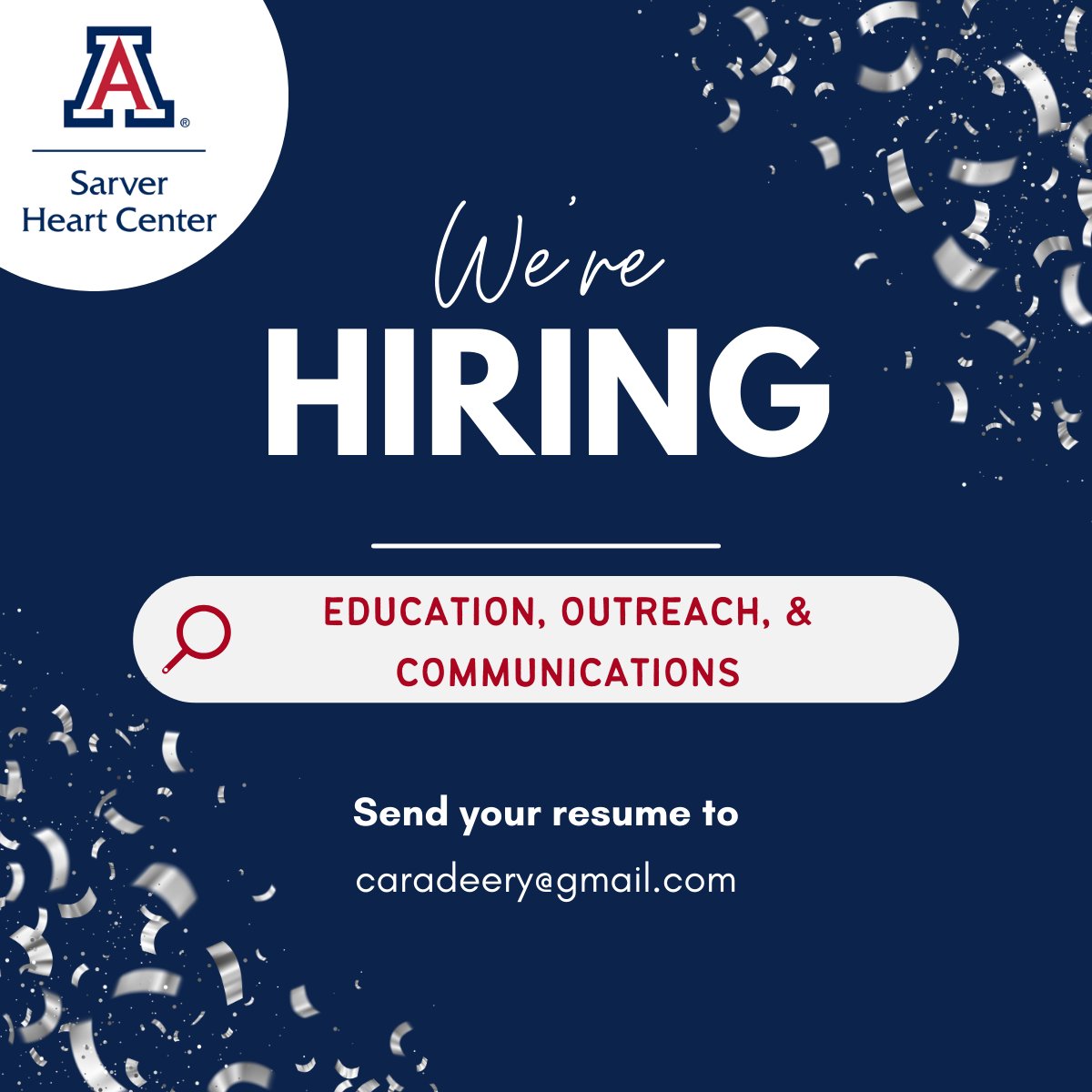 🚀 Kickstart Your Professional Journey with Us! 🚀 Sarver Heart Center is hiring UArizona students for remote/hybrid roles in Education, Outreach, and Communications! Gain skills, training, and connections. Apply now on Handshake or via email! #UArizona #StudentJobs #WorkStudy