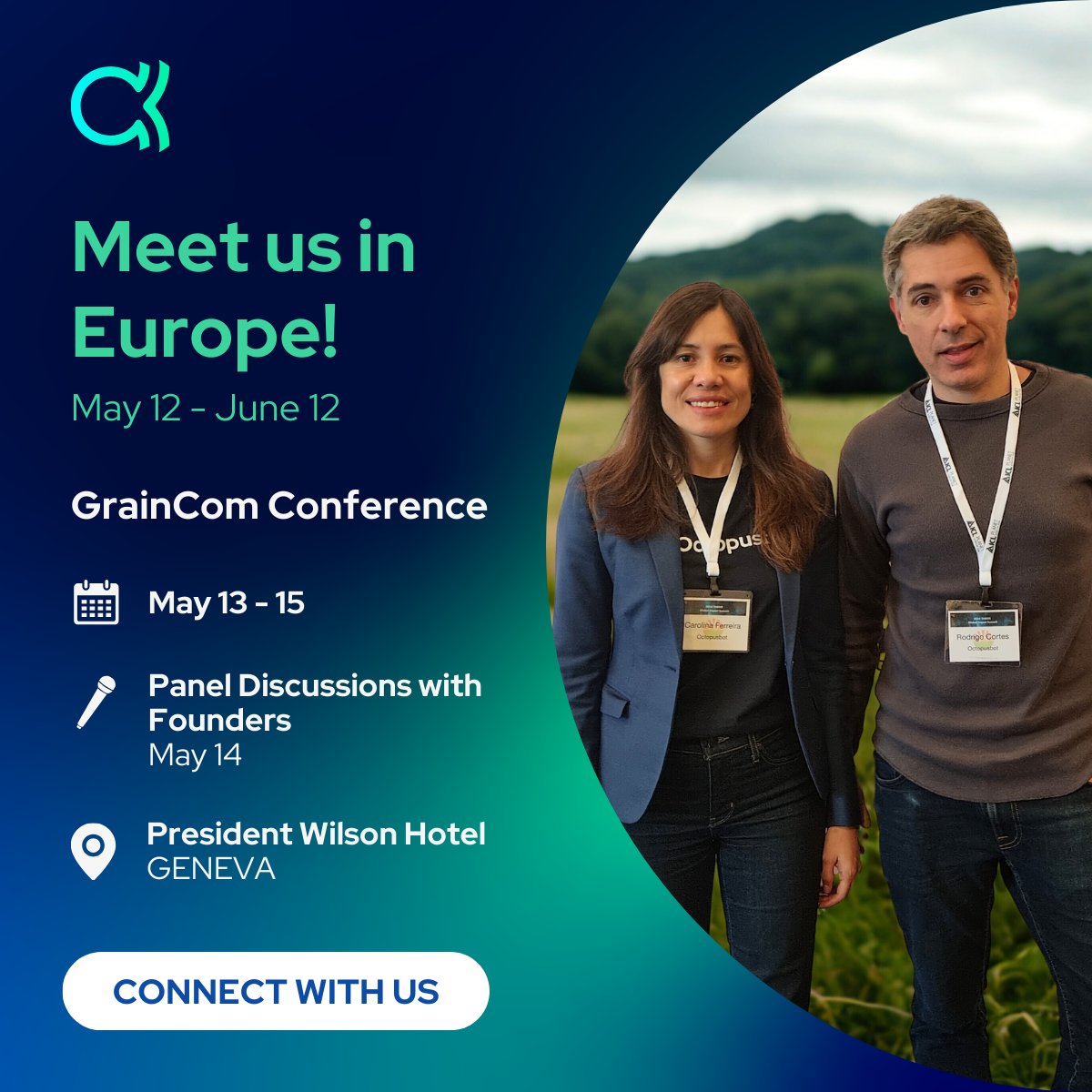 Octopusbot1's tweet photo. 🌾Join Us at GrainCom 2025 - and Across Europe!🌾

📣 From May 12 to June 12, our founders, Carolina and Rodrigo will be in Europe attending key grain industry events, starting with the GrainCom Conference in Geneva (May 13 - 15)

🎤 Don’t miss the panel discussions with our founders on May 14!

📍 In Geneva from May 12 - 16
Our founders would love to connect with industry professionals over coffee chats and insightful conversations.

Next stops:
📍 IGC Conference | June 10 - 11, London
📍 GAFTA Annual Dinner | June 11, London

Let’s connect over the future of agtech, grain trade and how Octopusbot’s AI forecasts are shaping the future of grain markets!

🤝 Connect with us: https://t.co/9dxPyJBy5F or

📩 Email us at info@octopusbot.com.au

@GrainCOM_Events 

#octopusbot #ai #agritech #agtech #europe #grainmarkets