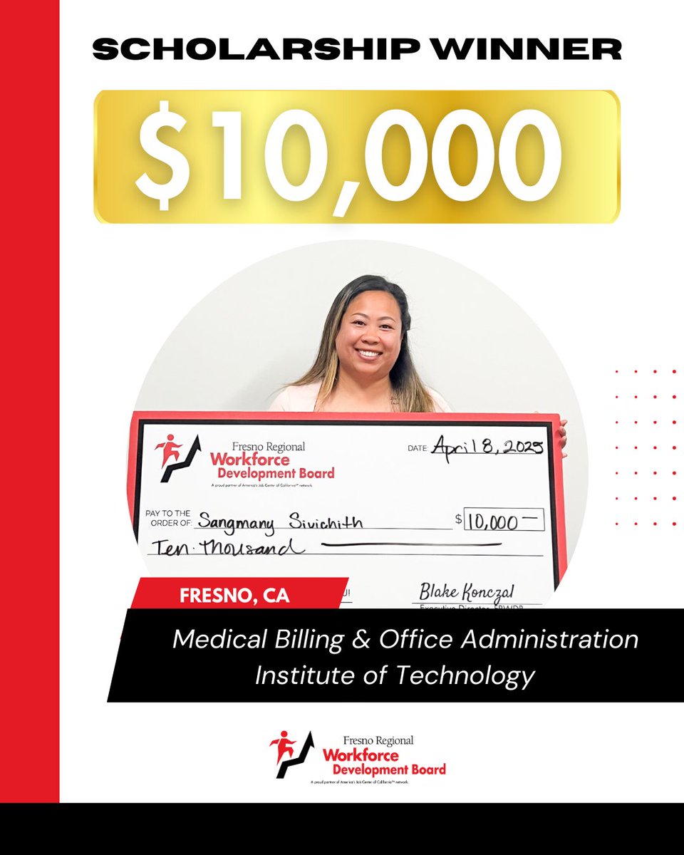WDB_Fresno's tweet image. A big shoutout to Sangmany Sivichith, who was awarded a $10,000 scholarship to pursue Medical Billing &amp;amp; Office Administration at the Institute of Technology! 🏥💻
🌟 #ScholarshipAward #HealthcareCareers #InstituteOfTechnology