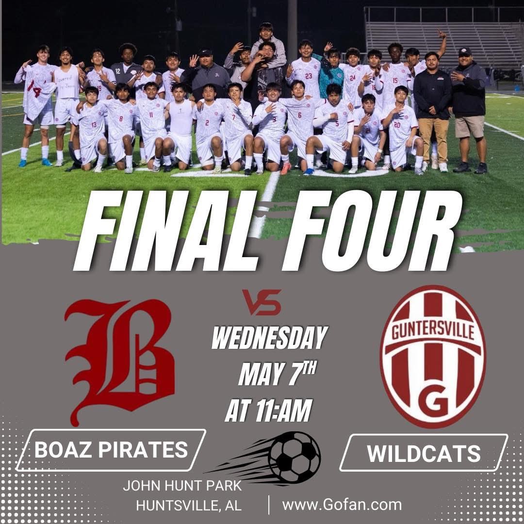 Boaz High Soccer⚽️ (@boazsoccer) on Twitter photo FINAL FOUR
For the first time in program history our varsity boys will be traveling to Huntsville to John Hunt Park to play <a href="/GHSWildcatsSoc/">Guntersville Boys Soccer</a> WEDNESDAY at 11AM.
Two Marshall county teams will compete in final four, a match you do not want to miss. Hope to see you there! Let’s go! FINAL FOUR
For the first time in program history our varsity boys will be traveling to Huntsville to John Hunt Park to play <a href="/GHSWildcatsSoc/">Guntersville Boys Soccer</a> WEDNESDAY at 11AM.
Two Marshall county teams will compete in final four, a match you do not want to miss. Hope to see you there! Let’s go!