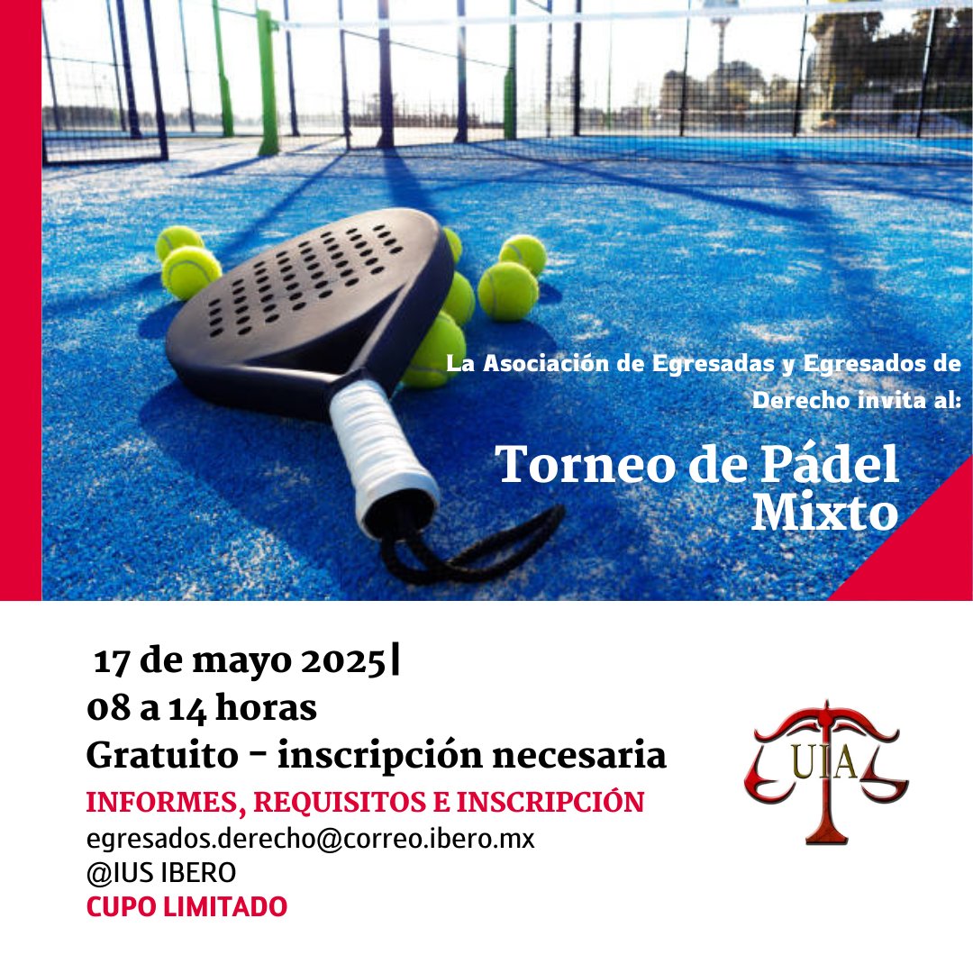 🎾Torneo de pádel mixto🎾
🗓 17 de mayo de 2025
🕗 8:00-14:00 hrs.
📍Ibero 
📢🚨 Gratuito - inscripción necesaria 
🐺⚖️🎾