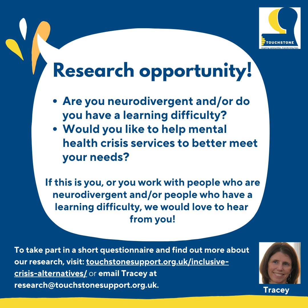 Are you a neurodivergent young person or adult or care for someone who is? Help shape the training that staff need to provide a good service to neurodivergent people (of all ages) in a crisis.  More info can be found here: touchstonesupport.org.uk/inclusive-cris…