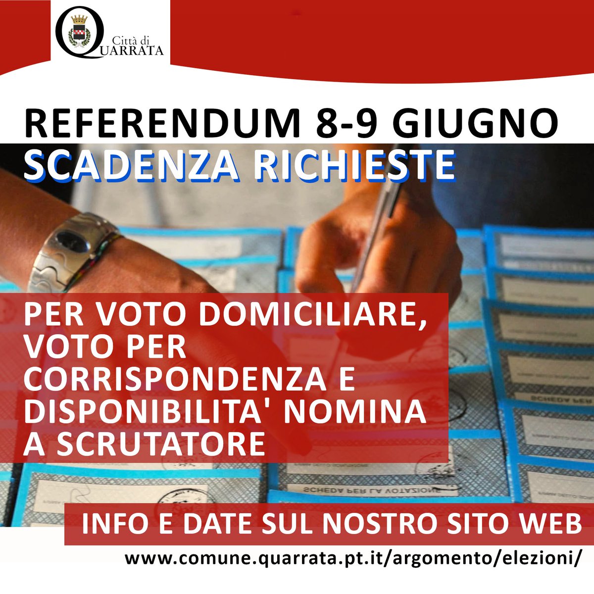 🗳️ REFERENDUM 8-9 GIUGNO
Prossime scadenze:
🟠 7/5 domanda per voto per corrispondenza 👉 bit.ly/43j6Rva
🟢 15/5 disponibilità a nomina scrutatore👉 bit.ly/4jI7LYd
🟢 19/5 domanda di voto a domicilio👉 bit.ly/3ESZdP2