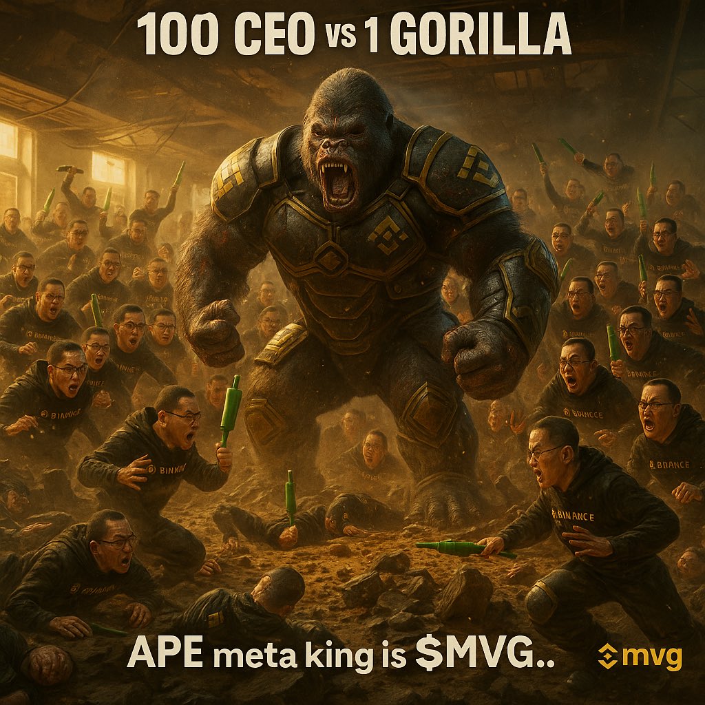 wemicholder's tweet photo. [ $MVG meme make prompt ]

A hyper-realistic cinematic wide-angle battle scene.
In the center stands a massive, blood-stained gorilla, roaring in rage.
Surrounding it from all directions are 100 identical characters, all generated using the user’s attached profile image as their face.
The battlefield is gritty, dusty, with cinematic lighting and motion blur.
The camera is set low, capturing the gorilla’s towering dominance and the chaos around him.
Some “ME” characters are charging, some yelling, some knocked out.
Each of the 100 characters wears attire reflecting their chosen profession.
Style: photorealistic, dramatic shadows, intense atmosphere, realistic textures.
Logo at the bottom right of the image : $mvg

[Customize]
100 people : use upload image
100 people weapon : ”green candle chart“
100 jobs: “BINANCE CEO"
1 Gorilla status: "rampage"
1 gorilla armored or none-armored : "binance armored"
Battle location: "binance exchange office"
Text above: “100 CEO vs 1 GORILLA”
Text below: “APE meta king is $MVG..”

Use prompt to make image