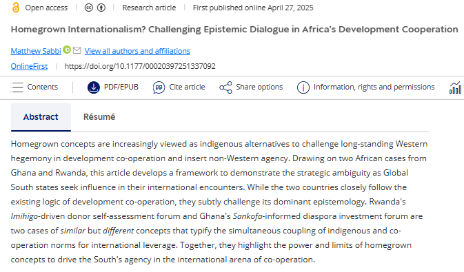 Africa Spectrum (@africaspectrum) on Twitter photo 🆕Drawing on two cases from Rwanda and Ghana, <a href="/matthewsabbi/">Matt Sabbi</a> develops a framework to demonstrate the strategic ambiguity Global South states use to influence their international encounters, highlighting the power and limits of homegrown concepts.
🔗 doi.org/10.1177/000203… 🆕Drawing on two cases from Rwanda and Ghana, <a href="/matthewsabbi/">Matt Sabbi</a> develops a framework to demonstrate the strategic ambiguity Global South states use to influence their international encounters, highlighting the power and limits of homegrown concepts.
🔗 doi.org/10.1177/000203…