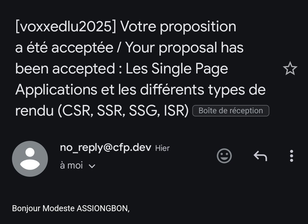 Modeste ASSIONGBON (@rblmdst) on Twitter photo 📢 RDV en Juin au voxxedlu2025 (Voxxed Days Luxembourg 2025) pour mon talk sur "Les Single Page Applications et les différents types de rendu (CSR, SSR, SSG, ISR)"
🧠 Stay Curious!
<a href="/voxxed_lu/">VoxxedDaysLuxembourg</a>
#devPropulsor #Voxxed #VoxxedLu #voxxedlu2025 📢 RDV en Juin au voxxedlu2025 (Voxxed Days Luxembourg 2025) pour mon talk sur "Les Single Page Applications et les différents types de rendu (CSR, SSR, SSG, ISR)"
🧠 Stay Curious!
<a href="/voxxed_lu/">VoxxedDaysLuxembourg</a>
#devPropulsor #Voxxed #VoxxedLu #voxxedlu2025