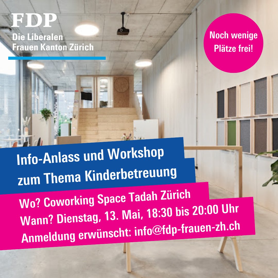 👨‍👩‍👦 Am Dienstag, 13. Mai, findet unser Info-Anlass und Workshop rund um das Thema KITAs mit anschliessendem Austausch statt.

👉 Interessiert? Dann melde dich noch heute unter info@fdp-frauen-zh.ch an!