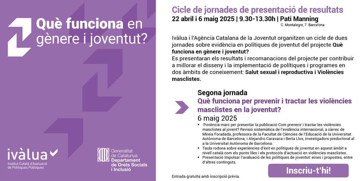 #IvàluaActivitats  
Avui presentació Projecte #QFGènereJoventut d’Ivàlua i <a href="/dsocialscat/">Drets Socials i Inclusió</a> amb <a href="/joventutcat/">Joventut</a>, #ObsCatJove i <a href="/igualtatcat/">Igualtat i Feminisme</a>:
🟣Com prevenir i tractar les violències masclistes al jovent?
Segueix-ne els continguts a l’X d’Ivàlua a partir de 9.30h
ivalua.cat/ca/activitat/q…