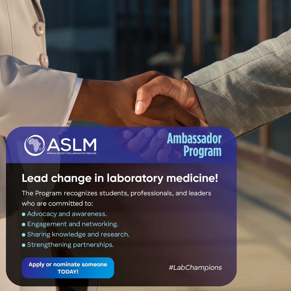 Are you passionate about lab medicine and making a real impact? Become an ASLM Membership Ambassador! We are looking for dedicated professionals and students who are already active in the field and aligned with our mission.

As an Ambassador, you will: 
✔️ Represent ASLM in your