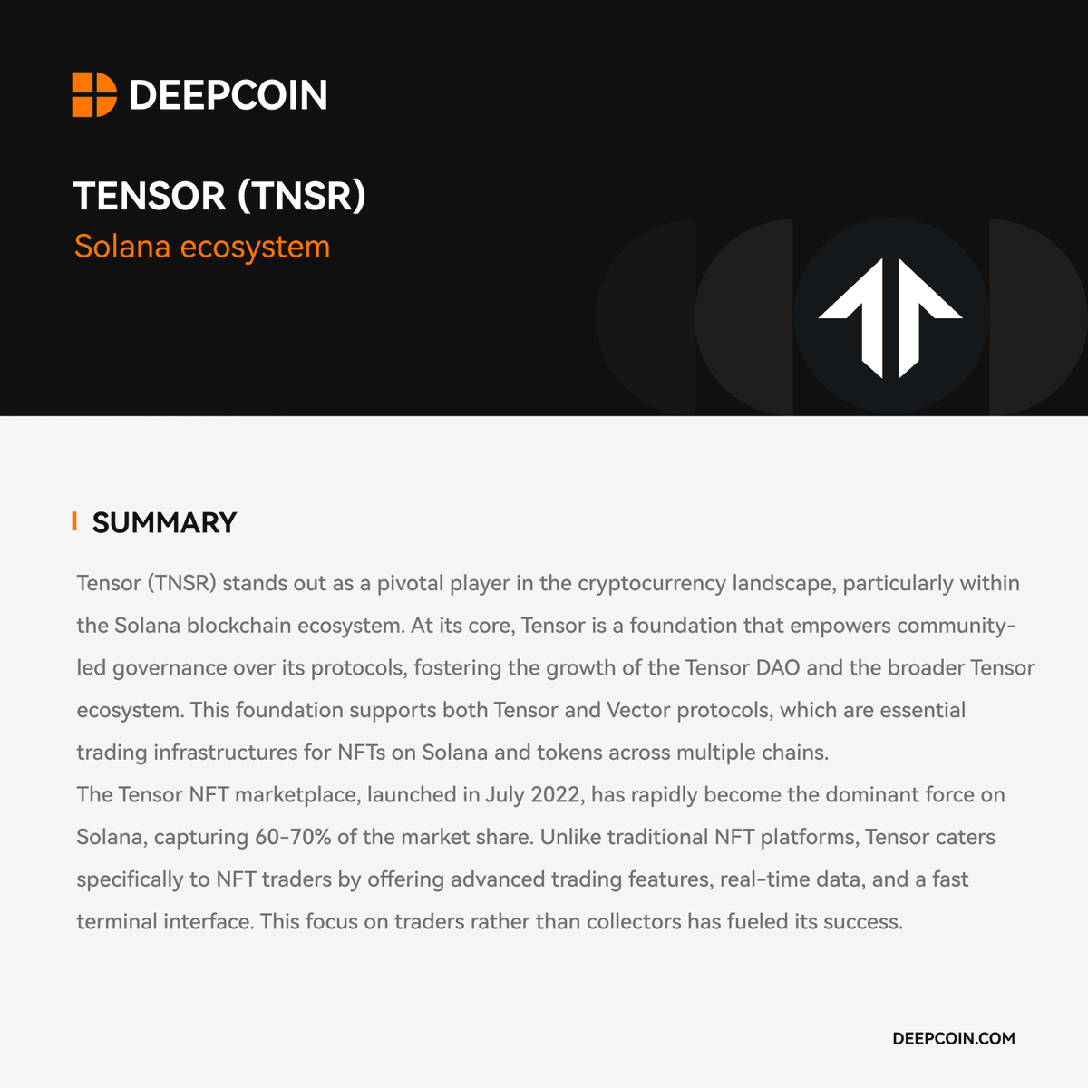 🚀 Project Spotlight: $TNSR @TensorFdn 🔹 Total Supply: 999.99M 🔹  Category: SOL ecosystem Tensor (TNSR) stands out as a pivotal player in the  cryptocurrency landscape, particularly within the Solana blockchain  ecosystem. At