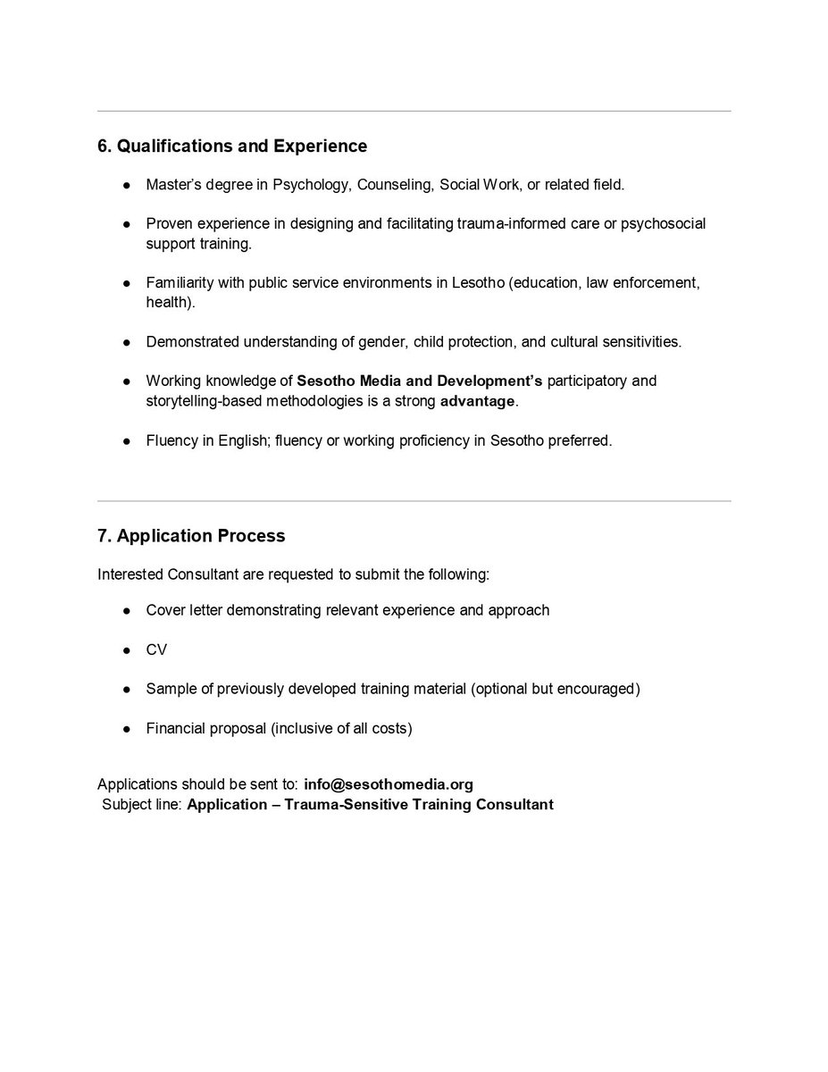 🚨🚨🚨 Tender for Capacity Building Consultant 🚨🚨🚨

 Please refer to the attached documents for information or contact our office at info@sesothomedia.org or call +266 2232 1446.
Deadline for Applications: 16th May 2025 at 13:00 pm