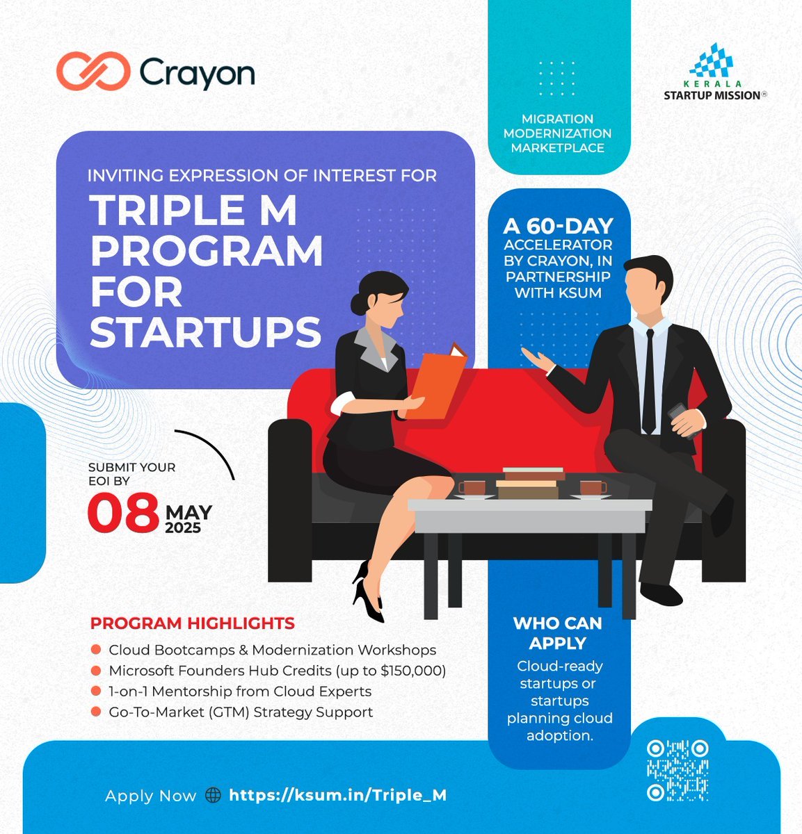 startup_mission's tweet image. Kerala Startup Mission and Crayon are inviting applications for the Triple M Program, a 60-day accelerator focusing on cloud migration, modernization, and market readiness.
Apply here: ksum.in/Triple_M
#TripleM #KSUM #Crayon #StartupAccelerator #CloudInnovation