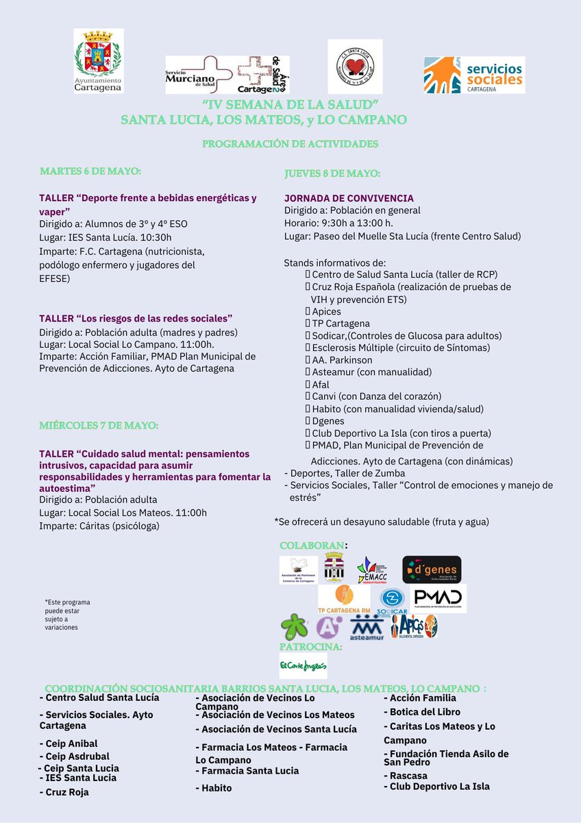 Sodicar's tweet image. El próximo jueves 8 de mayo participamos, dentro de la programación de la IV SEMANA DE LA SALUD SANTA LUCÍA, LOS MATEOS Y LO CAMPANO, en la Jornada de Convivencia que se celebrará en el Paseo del Muelle de Santa Lucía.
¡Os esperamos!