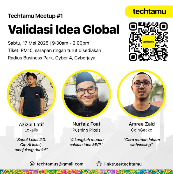 Sabtu minggu depan, jom jumpa kat Cyber!
I'll be sharing on how to run my go-to toolkit untuk validate idea MVP korang! Proven result &amp; anti kumpau.

Workable PDF with your team nanti boleh di muat turun lepas habis session

⚠️ 80% seat dah occupied bit.ly/techtamu1