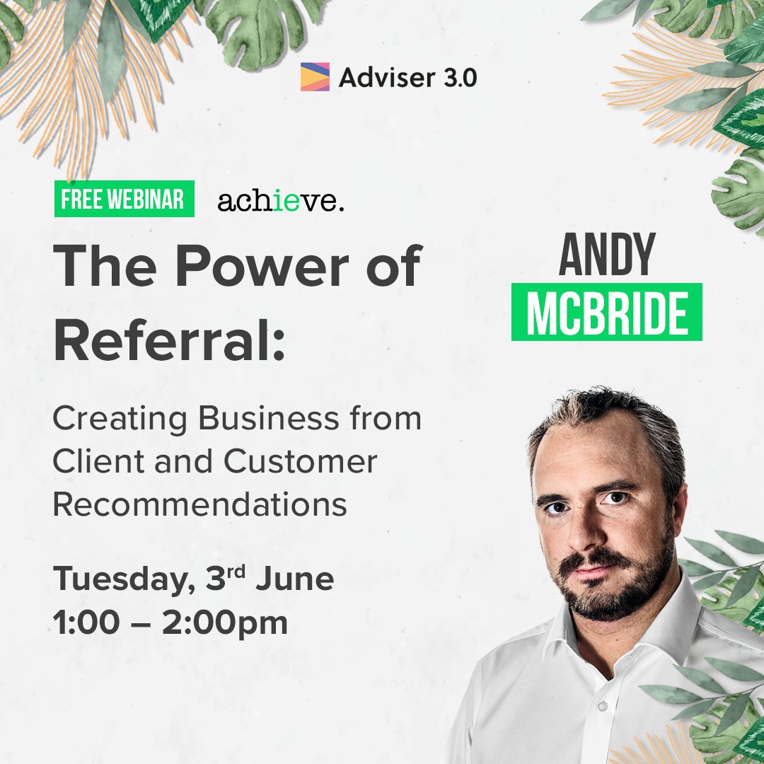 Referrals are powerful, but getting them isn’t always easy.

Join us on Tuesday 3rd June at 1PM for a free webinar with Andy McBride on how to turn happy clients into confident advocates (without feeling pushy).

Register now 👉 eu1.hubs.ly/H0jp0Nn0

#FinancialPlanning