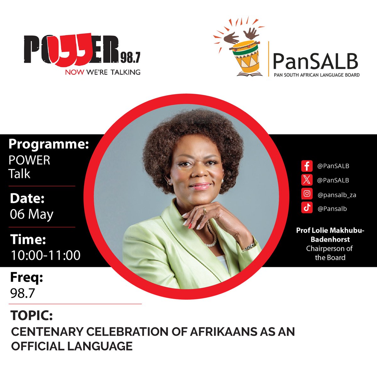 Pan South African Language Board (@pansalb) on Twitter photo Catch our Chairperson of the Board, Prof. Lolie Makhubu-Badenhorst on <a href="/Powerfm987/">POWER 98.7</a> at 10:00 as she shares insights about the 100th anniversary of Afrikaans since its recognition as an official language in South Africa. #PowerTalk Catch our Chairperson of the Board, Prof. Lolie Makhubu-Badenhorst on <a href="/Powerfm987/">POWER 98.7</a> at 10:00 as she shares insights about the 100th anniversary of Afrikaans since its recognition as an official language in South Africa. #PowerTalk