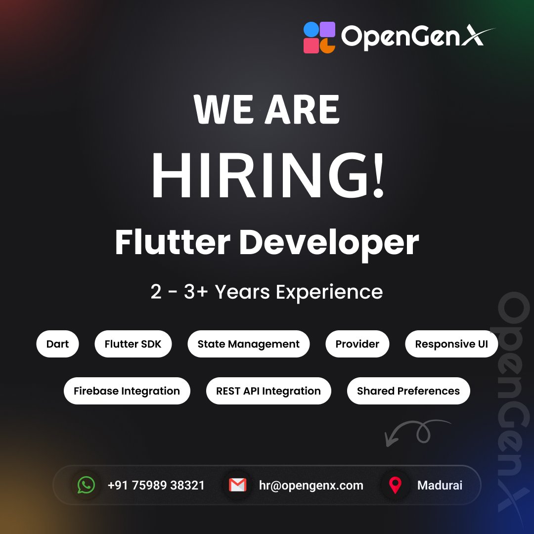 opengenx_tech's tweet image. 🚀 Join Our Flutter Squad!
We're looking for a skilled Flutter Developer to build stunning cross-platform apps.
Visit: opengenx.com
Whatsapp: wa.me/message/25STIJ…
Mail: hr@opengenx.com
#Flutter #Dart #FlutterSDK #Firebase #Hiring #HiringFlutter #OGX #OpenGenX