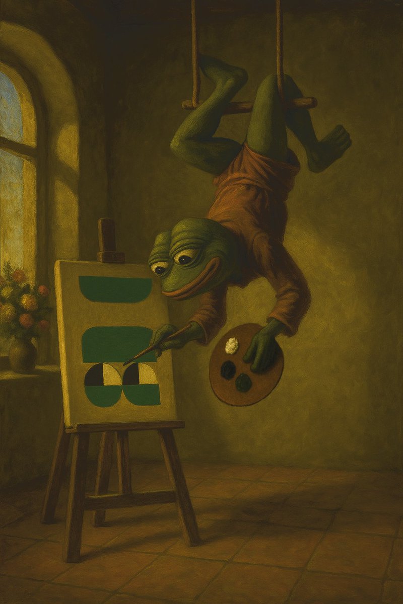 Behold:

 “The Story of Synopepen”: 

Witness Pepe the frog defy gravity—hanging upside down on a trapeze—to perfect every stroke of the legendary Opepen silhouette. A mythic dance of craft, whimsy, and devotion to detail. 🎨🐸