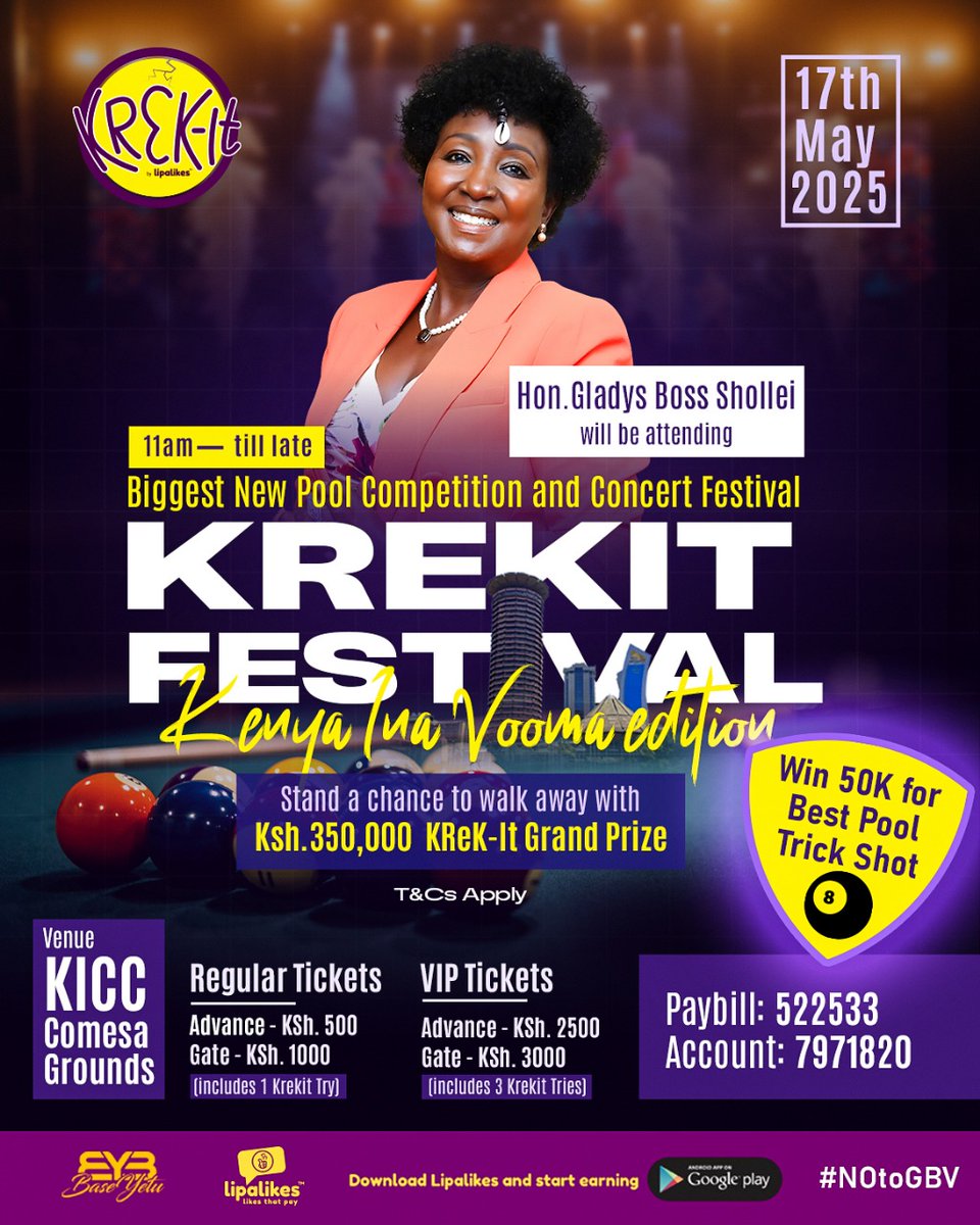 Hon. Gladys Boss Shollei will be on site to support Lipalikes' mission of fusing art, craft, fun moments, and awards to achieve positive social impact.

KREKIT FESTIVAL is an event you can't miss; see you at KICC, Comesa Grounds, 17 May 2025.