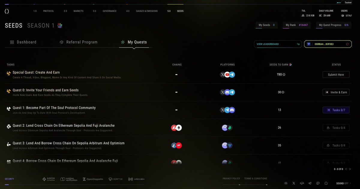 Introducing Soul Labs Testnet 🪂 <a href="/0xSoulProtocol/">Soul Labs</a> 

💥Cost: $0 to interact

Earn $Seed Tokens During Soul Testnet 

Go to : app.soul.io/?referredBy=O7…
Code: O7GK3
💥Connect your Metamask 
💥Click "Seeds then go to my Quest"
Complete quest 0 to quest 1 by
💥Connecting your Twitter