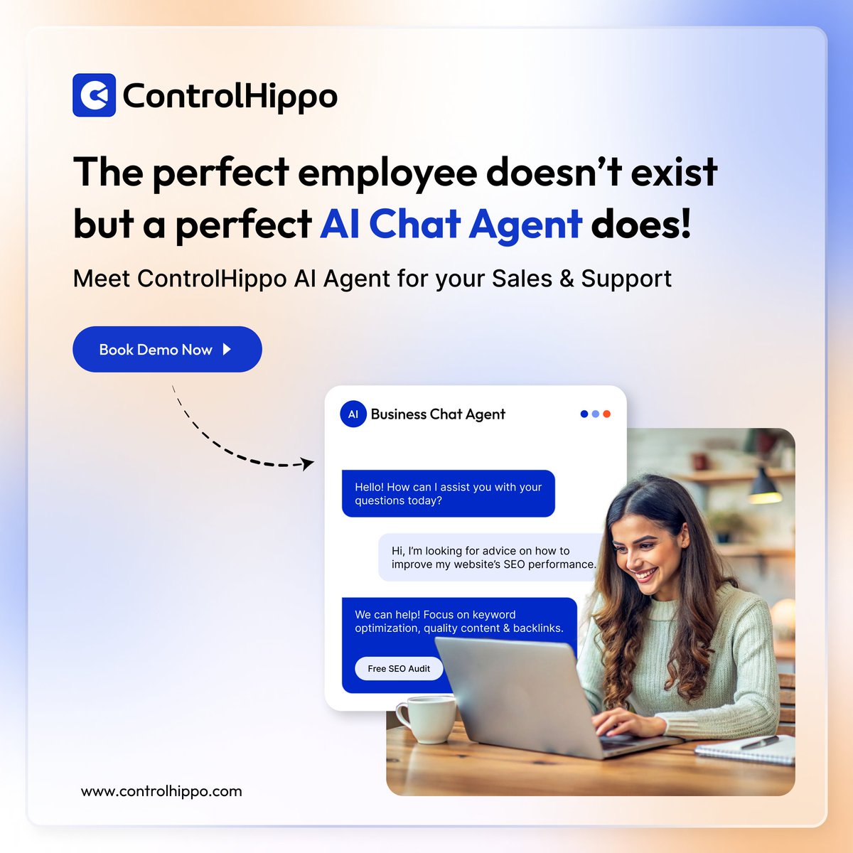 controlhippo's tweet image. Customers are frustrated, waiting for a reply that takes too long.

Your sales reps are juggling too many conversations, missing out on real opportunities.

The perfect employee to handle it all doesn’t exist. But a perfect AI Chat Agent does.