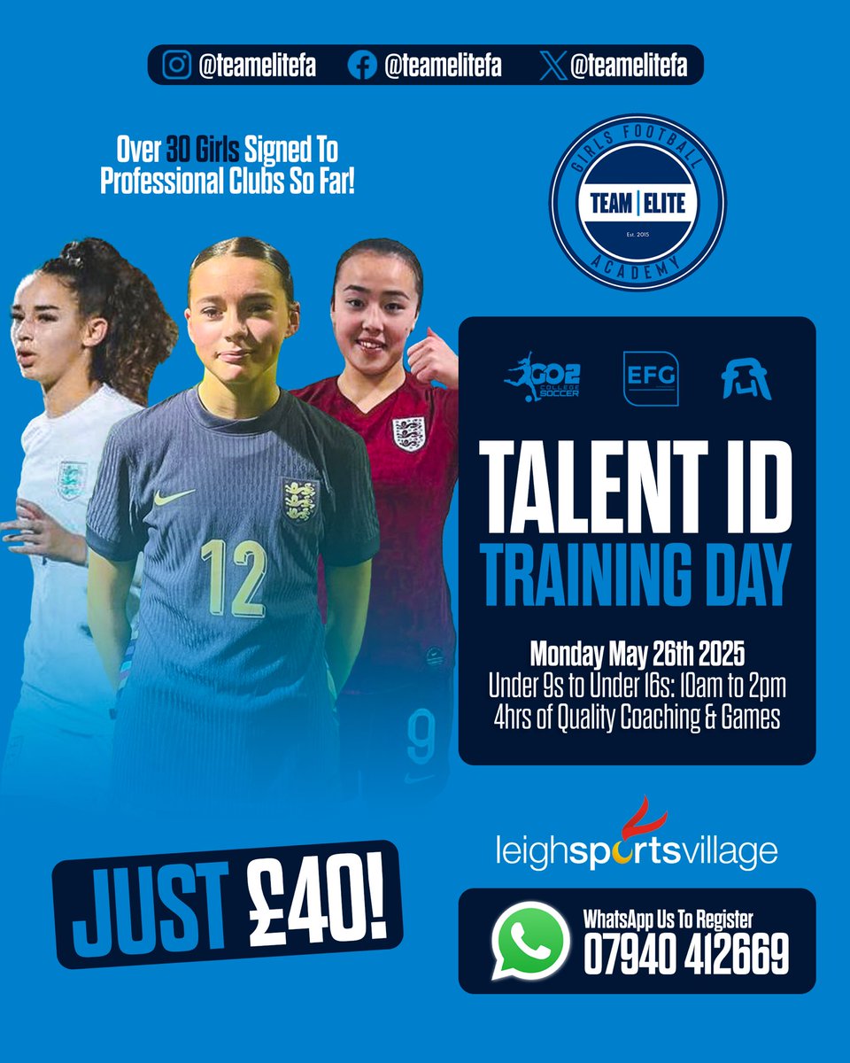 TALENT ID TRAINING DAY ⚽️

Following on from the success of our recent Talent ID Showcase events we thought we'd try something a bit different on Bank Holiday Monday May 26th. 

4 hours of coaching and games for girls in age groups under 9s to 16s.

WhatsApp/Text 07940412669