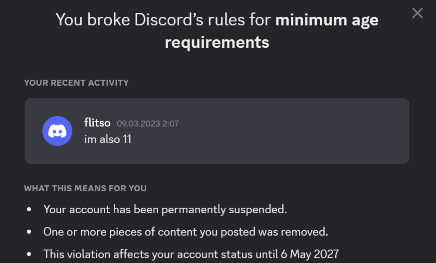 Flitso_'s tweet photo. "your recent activity" is a message from 2023?

I am 18, I submitted an age update request and I got NO confirmation email. 

Please help.
@discord @discord_support https://t.co/ey9m57zK5d