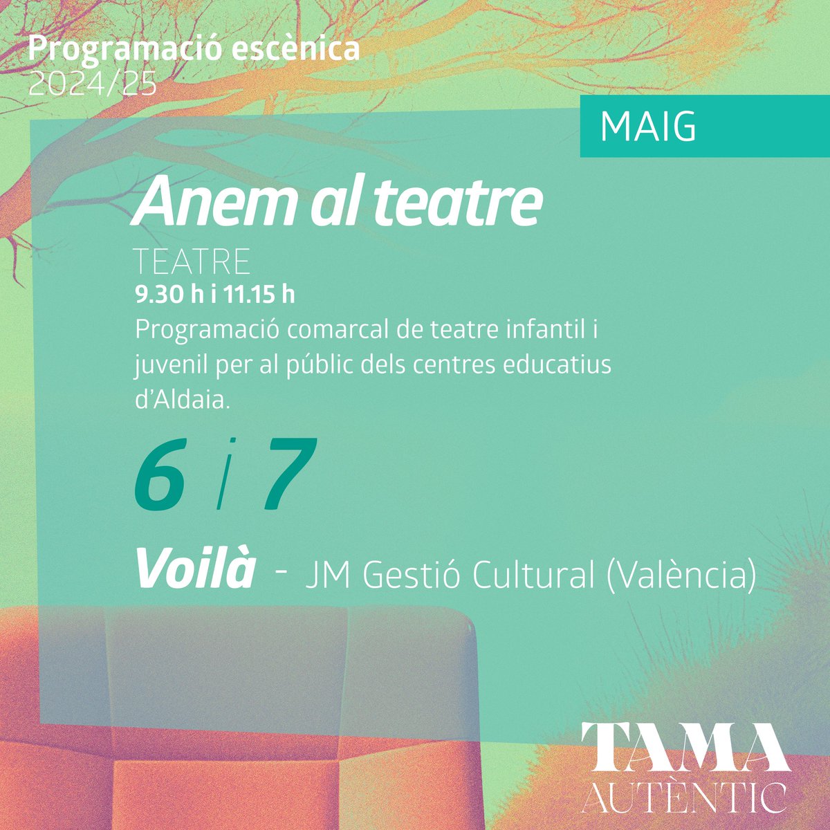 TAMA. Teatre Auditori Municipal d'Aldaia (@tamaldaia) on Twitter photo 🎭 Teatre escolar al TAMA!
El 6 i 7 de maig, l'alumnat d'Aldaia gaudirà de l'espectacle "Voilà", una obra que aborda la comunicació i l'acceptació de les diferències a través de la història d'un pare i el seu fill.
🕤 9.30 h i 11.15 h.
#AutènticTAMA <a href="/Ajuntaldaia/">Ajuntament d'Aldaia</a> <a href="/J_M_Teatro/">JM Gestion Teatral</a> 🎭 Teatre escolar al TAMA!
El 6 i 7 de maig, l'alumnat d'Aldaia gaudirà de l'espectacle "Voilà", una obra que aborda la comunicació i l'acceptació de les diferències a través de la història d'un pare i el seu fill.
🕤 9.30 h i 11.15 h.
#AutènticTAMA <a href="/Ajuntaldaia/">Ajuntament d'Aldaia</a> <a href="/J_M_Teatro/">JM Gestion Teatral</a>