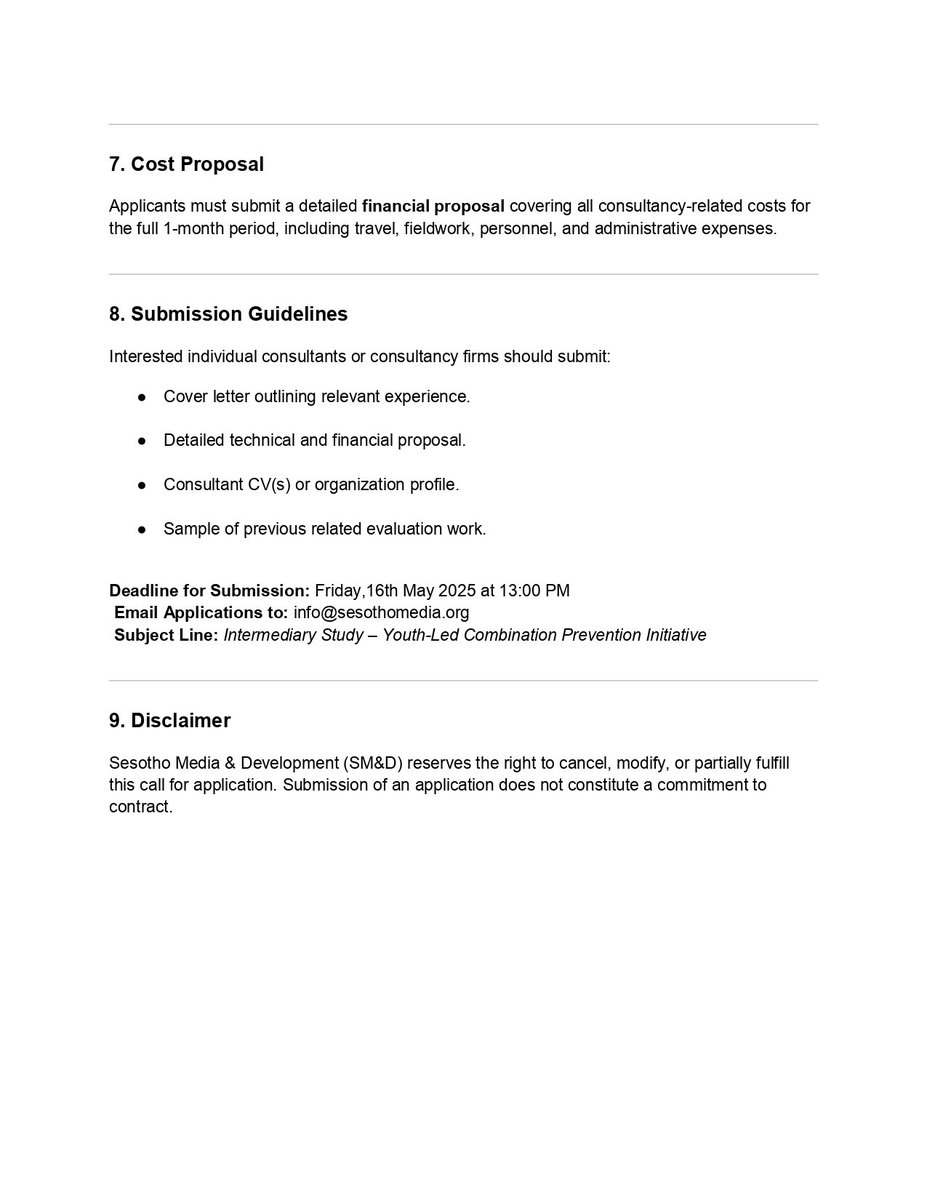 🚨🚨🚨Consulting Opportunity; Intermediary Study Evaluation Submission open🚨🚨🚨

Deadline for Submission: Friday,16th May 2025 at 13:00 PM
Email Applications to: info@sesothomedia.org
Subject Line: Intermediary Study – Youth-Led Combination Prevention Initiative.