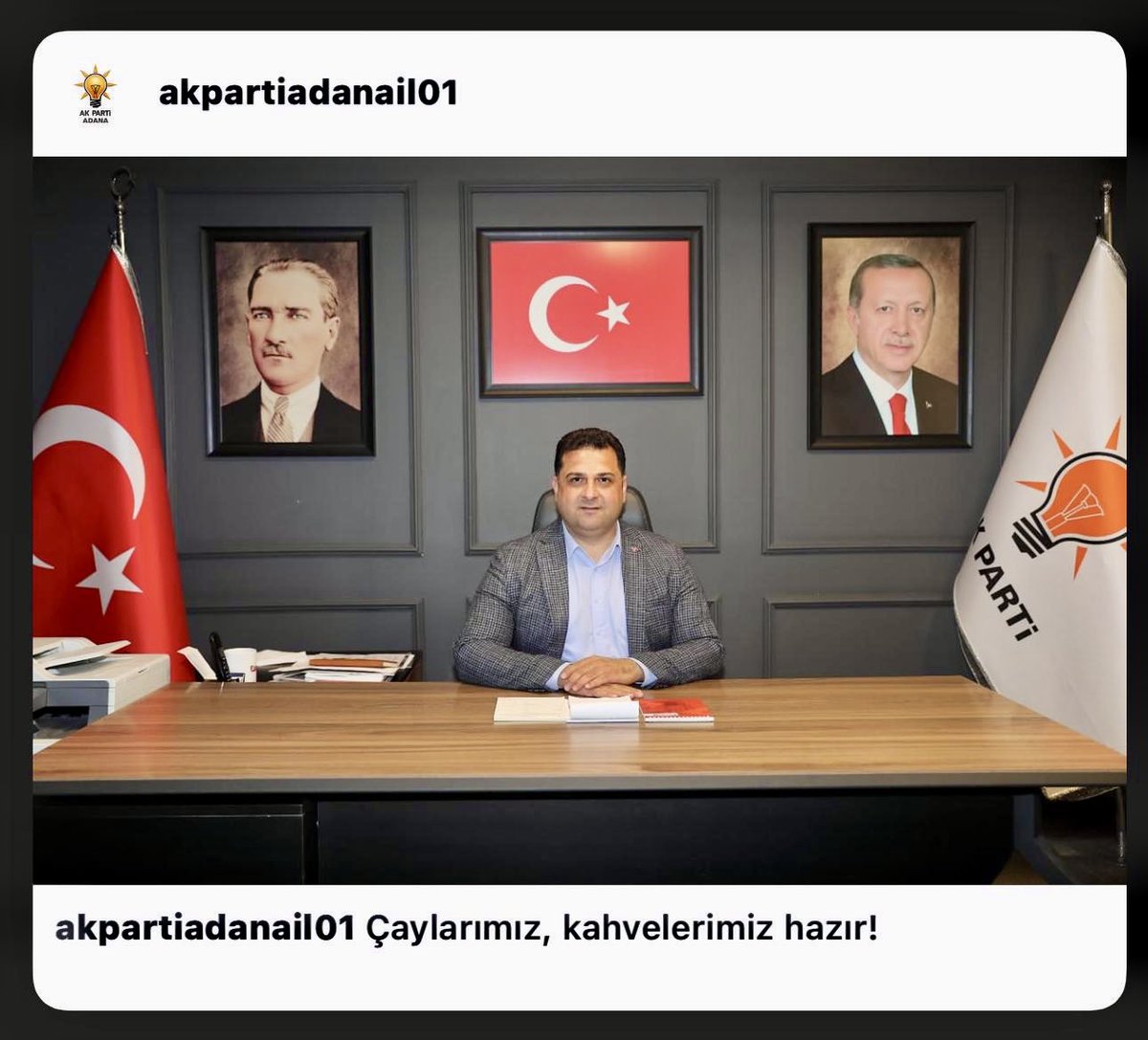 Hemşehrilerimize davet!
Sohbet etmek, fikir alışverişinde bulunmak isteyen tüm hemşehrilerimizi AK Parti Adana İl Başkanlığımıza bekliyoruz.

Bugünkü nöbetçimiz:
İl Yönetim Kurulu Üyemiz Emrah Sancar
<a href="/AvEmrahSancar/">Av. Emrah SANCAR</a> <a href="/yasertopaloglu/">Yaser TOPALOĞLU 🇹🇷</a> <a href="/abdullahdogru01/">Abdullah Doğru</a> <a href="/PolatKaya01/">Polat Kaya 🇹🇷</a> @halisayguun