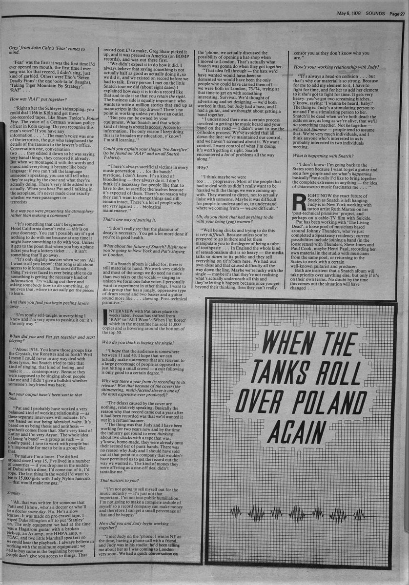 An interview with Pat Palladin and Judy Nylon of Snatch by Jon Savage in Sounds 6th, May 1978.
<a href="/JonSavage1966/">Jon Savage</a>