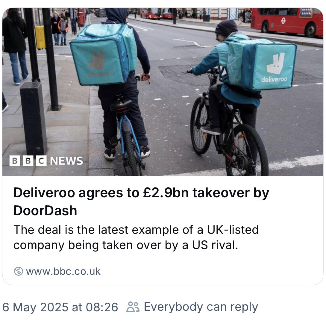 Ali Haydor (@thealihaydor) on Twitter photo Deliveroo sold for £2.9 billion
US delivery company DoorDash is buying Deliveroo in the latest takeover of a UK firm. What could this mean for customers, riders and the food delivery market in the UK?
bbc.co.uk/news/articles/…
#Deliveroo #DoorDash #UKBusiness #FoodDelivery Deliveroo sold for £2.9 billion
US delivery company DoorDash is buying Deliveroo in the latest takeover of a UK firm. What could this mean for customers, riders and the food delivery market in the UK?
bbc.co.uk/news/articles/…
#Deliveroo #DoorDash #UKBusiness #FoodDelivery