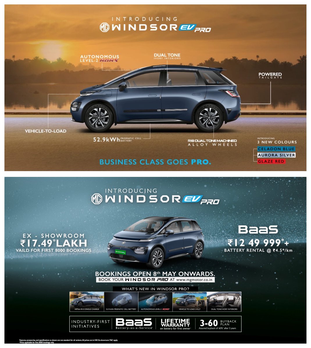 The MG Windsor gets a PRO upgrade

Now available with a larger 52.9 kWh battery offering 449 km certified range, ADAS Level 2 features, V2L &amp; V2V tech, powered tailgate and new dual-tone interiors.

Introductory ex-showroom price: ₹17.49L (first 8,000 bookings)

BaaS ownership