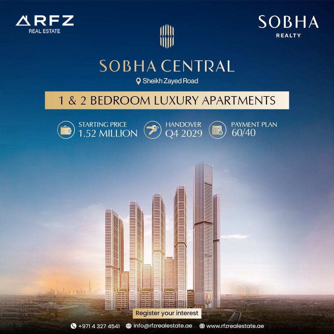 rfzrealestate's tweet image. Sobha Central is a premium residential development located directly on Sheikh Zayed Road.

Contact us today to register your interest!
📞 +971 4 327 4541
📧 info@rfzrealestate.ae
🌐 rfzrealestate.ae

#RFZRealEstate #SobhaCentral #SheikhZayedRoad #InvestInDubai
