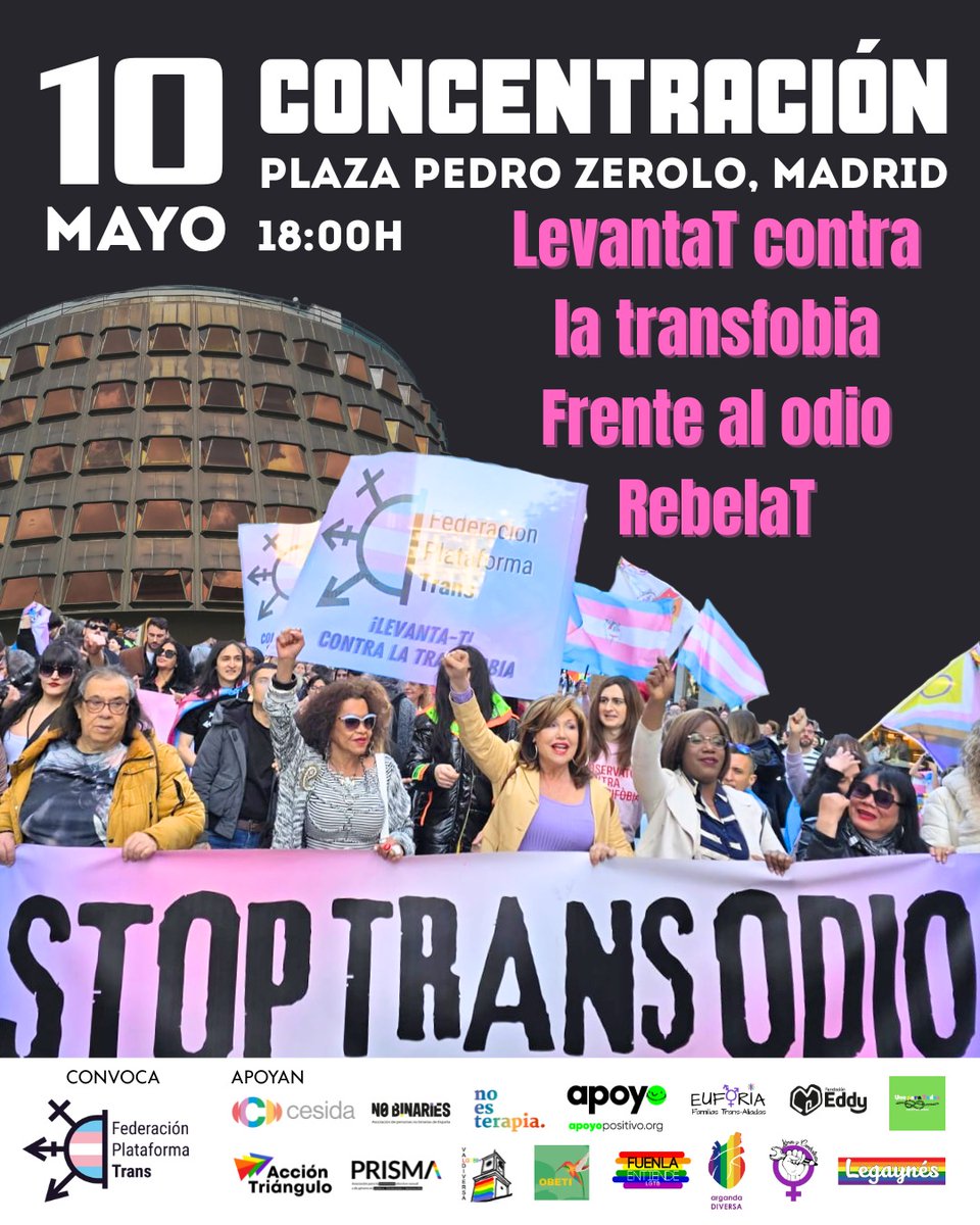 EACEC's tweet image. 📢 CONCENTRACIÓN 
📅10 de mayo 
🕧18:00 horas
📍Plaza Pedro Zerolo, Madrid

Todo el apoyo desde EACEC LGTBIQA+ a la convocatoria de la @PlataformaTrans necesitamos a todes todas y todos en las calles defendiendo nuestras vidas.

#FrenteAlOdioRebelaT #LevantaTContraLaTransfobia